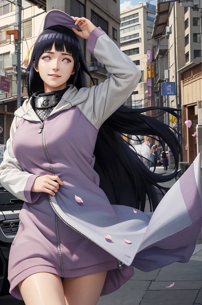 masterpiece, Highest quality, One girl, Hinata_shippu, Long Hair, Two-tone jacket, White eyes, No students, Lower the hood, Symbol of Konohagakure, Forehead protector, smile, Upper Body, alone, View your viewers, Konoha Village Background、Master Parts, Disorganized, Hinata\(bolt\), One girl, alone,Mature Woman, View the viewer, (Petals falling), Perfect composition, Detailed lips, Large Breasts, Beautiful Face, Body Type, blush, (Pink Lips),, Purple eyes, Soft look, Ultra-realistic, be familiar with, Realistic face and body, Side view