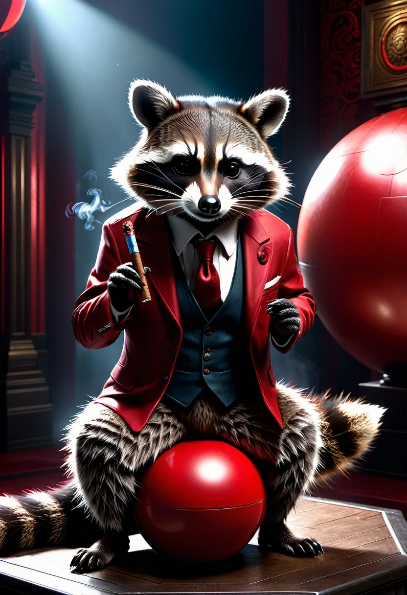 Raccoon with a cigar in his fingers that he is smoking, standing in his space leaning casually on a large red ball that is as big as hon, dark gloomy Resident Evil background, detailed realistic raccoon, detailed photorealistic raccoon, very detailed, 8k, hyperrealistic, Cinematic lighting, dramatic lighting, mood lighting, dark, intricate details, award-winning photography, stunning visual effects