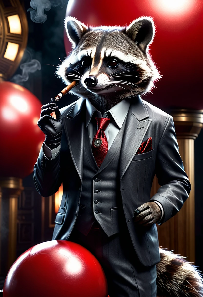 Raccoon with a cigar in his fingers that he is smoking, standing in his space leaning casually on a large red ball that is as big as hon, dark gloomy Resident Evil background, detailed realistic raccoon, detailed photorealistic raccoon, very detailed, 8k, hyperrealistic, Cinematic lighting, dramatic lighting, mood lighting, dark, intricate details, award-winning photography, stunning visual effects