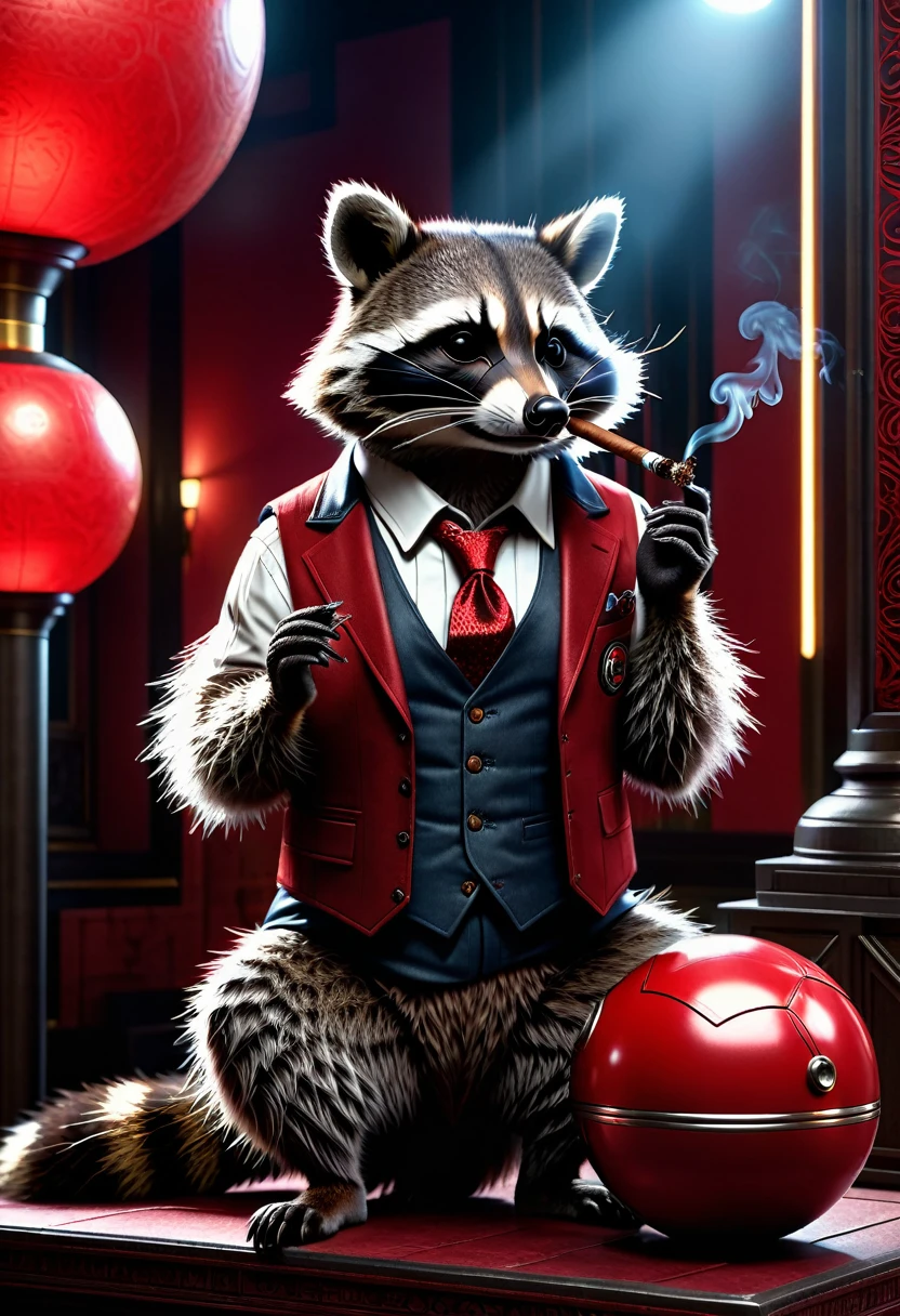 Raccoon with a cigar in his fingers that he is smoking, standing in his space leaning casually on a large red ball that is as big as hon, dark gloomy Resident Evil background, detailed realistic raccoon, detailed photorealistic raccoon, very detailed, 8k, hyperrealistic, Cinematic lighting, dramatic lighting, mood lighting, dark, intricate details, award-winning photography, stunning visual effects