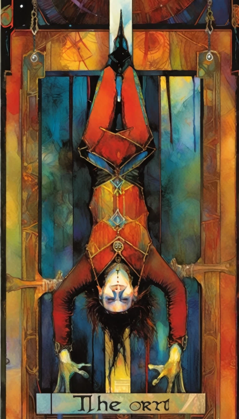 ((tarot card)) THE HANGED MAN ((card frame)), (man hanging upside down ) work by Bill Sienkiewicz, vivid colors, intricate details, oil.