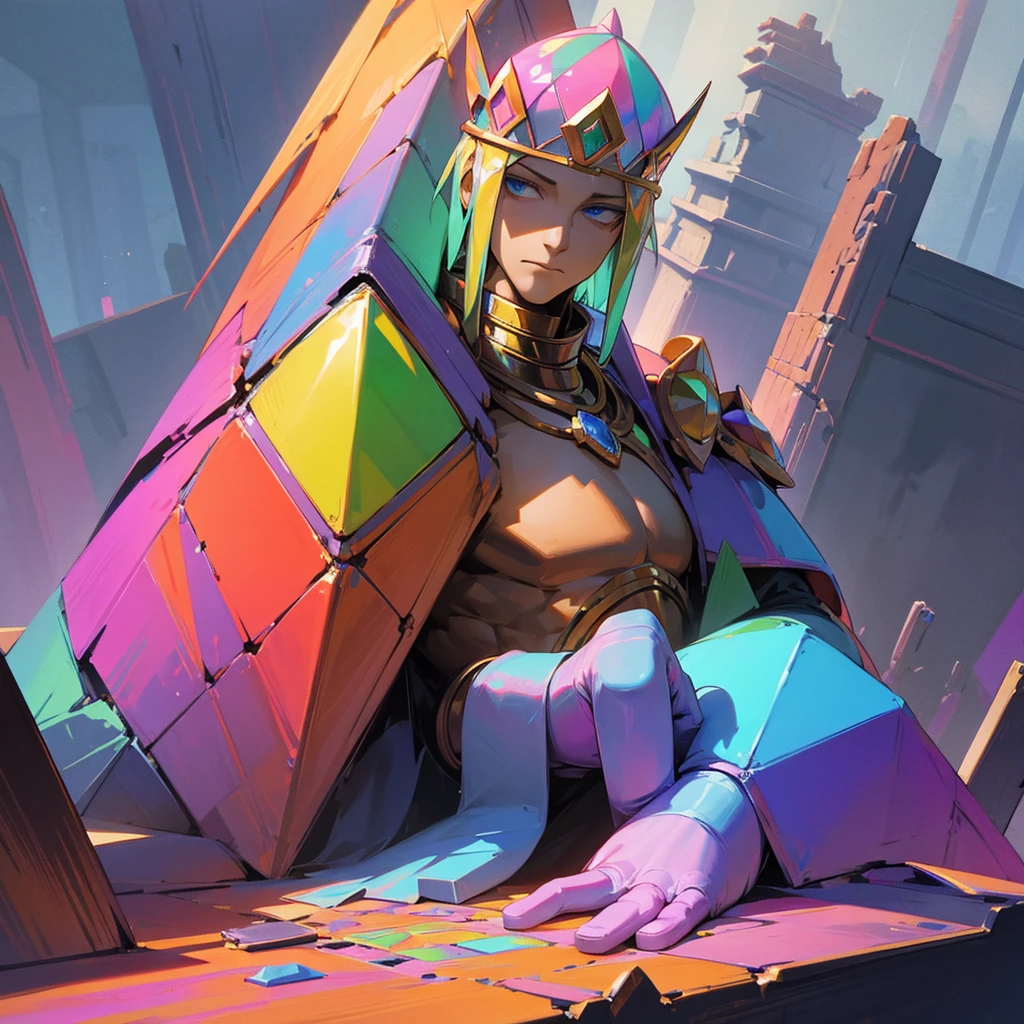Magestic Statue made of Bismuth, ruins, under the surface, male, Crown, Colorful Enviroment