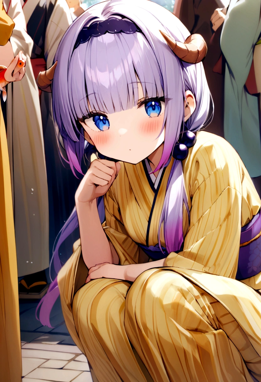 best quality, masterpiece, highres, solo, {kanna_kamui_kobayashisanchinomaidragon:1.15}, long_hair, light_purple_hair, blue_eyes, hair_ornament, bangs, blush, multicolored_hair, twintails, blunt_bangs, hair_beads, beads, hairband, gradient_hair, low_twintails, horns, dragon_horns, purple_hair, 2girls, japanese_clothes, kimono, multiple_girls, obi, summer_festival, yellow_kimono, yukata, fish, sash, solo_focus, brown_hair, goldfish, out_of_frame, squatting