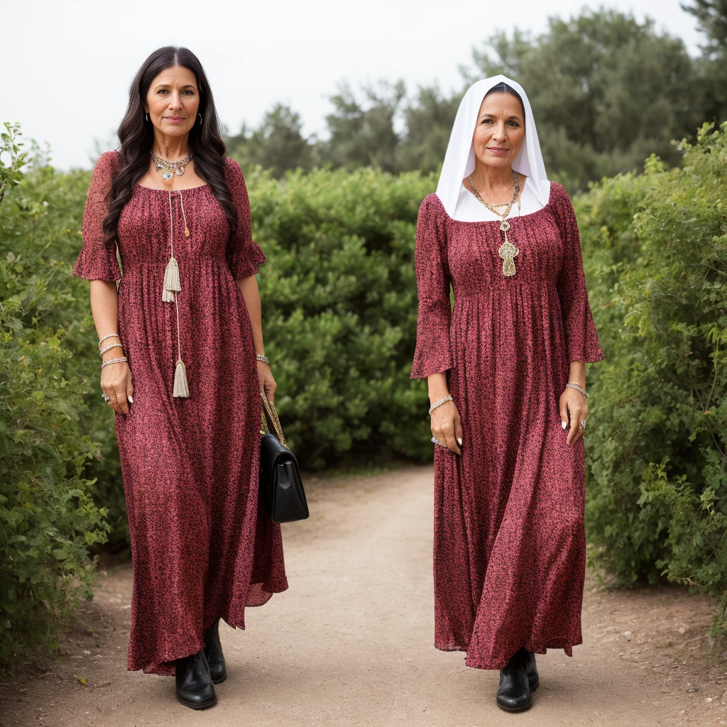 50 year old woman wearing a gypsy dress mixed with Virgin Mary