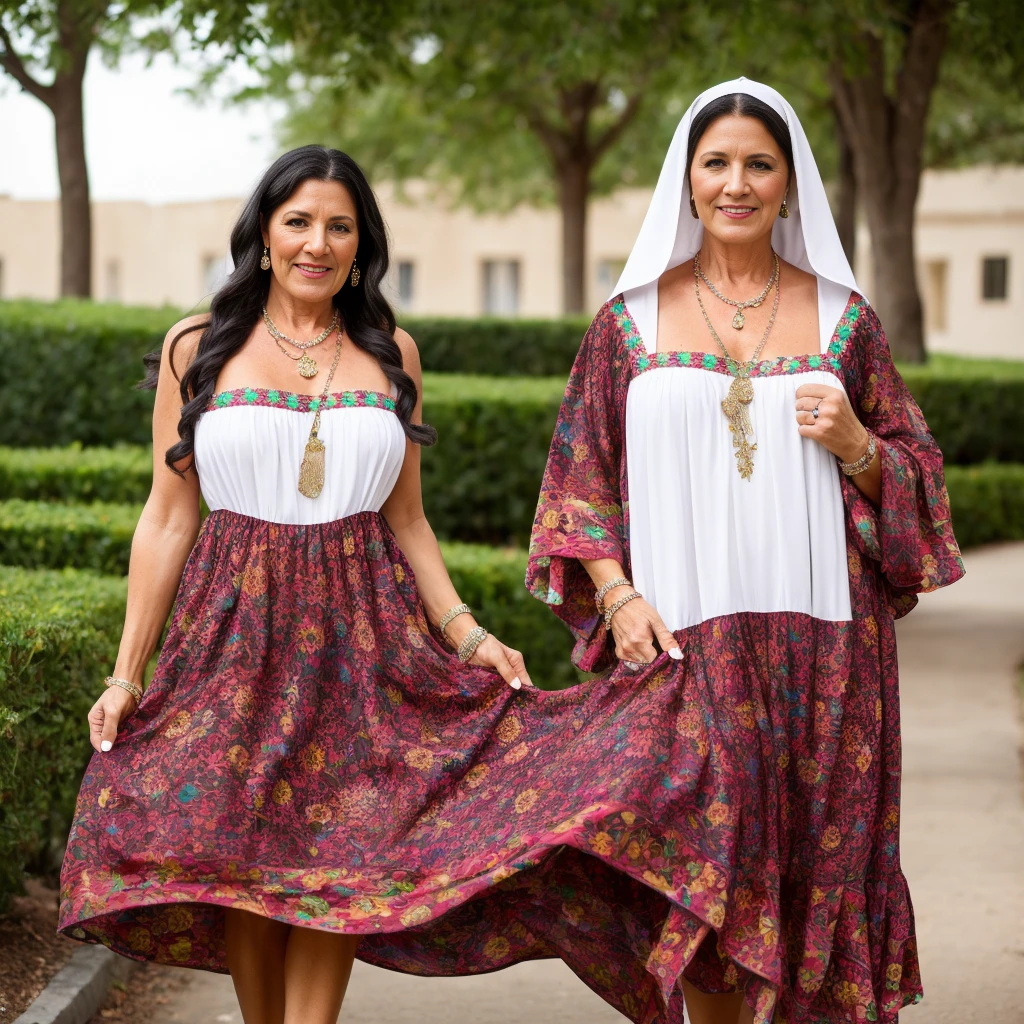 50 year old woman wearing a gypsy dress mixed with Virgin Mary