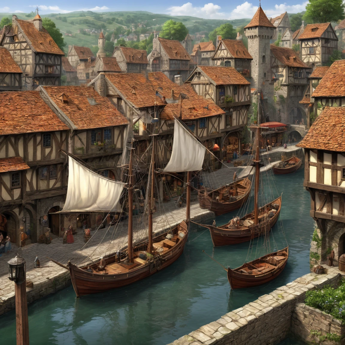 (best quality)), ((masterpiece)), ((realistic,digital art)), (super detailed), vaste port de commerce, Medieval style