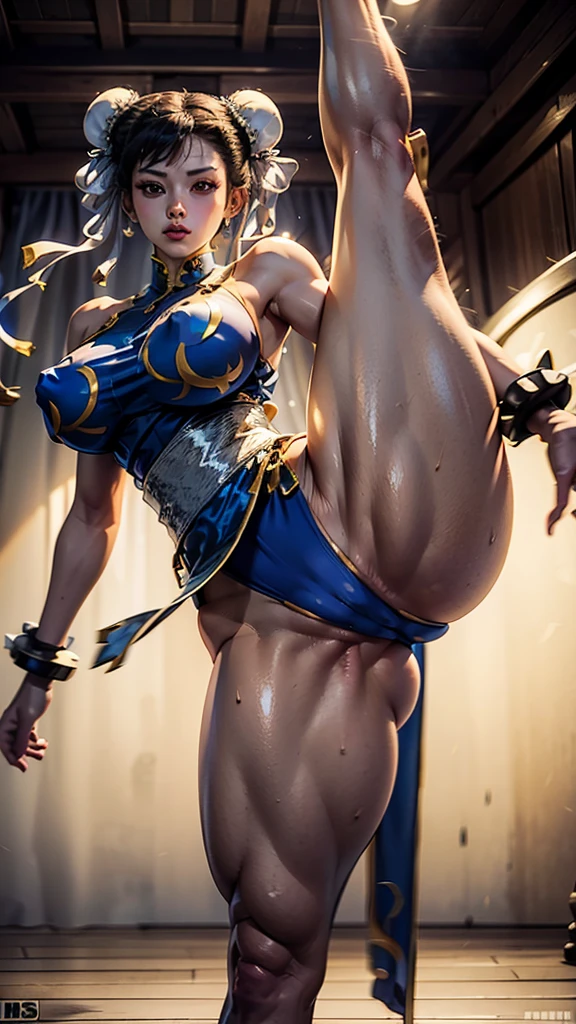 Yamato wearing Chun Li's classic outfit,Masterpiece, doing standing split, raising her one leg in air, one piece, yamato, red horns, best quality, ultra detailed, 8k, !( beautiful Yanato wearing Chun li's classic outfit, perfect body, big thighs )