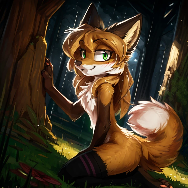 uploaded to E621, beautiful and detailed portrait of an anthropomorphic vixen ((female))), by kenket, Ross Tran, ruan jia, foxovh, by Zackary911, by hyattlen, by Bayard Wu, by Einshelm, by Kilinah, by Hioshiru, by fluff-kevlar, by r-mk, by Dimwitdog, (detailed averi), (detailed lighting), (detailed fur), (detailed breasts), BREAK, (cinematic lighting), ((detailed background)), ((depth of field)), (half body shadow), ((looking at viewer)), [backlighting], [detailed ambient light], [ambient light on the belly], [realistic proportions], [explicit content, adult, nsfw], [sharp focus], (questionable content), (shaded), (hi res), ((masterpiece)), (Averi, Fox girl), (anthro, fluffy fur), anthro fox girl, body fur, curvy, sexy, nice, cute, hot, sassy, sassy hips, (Averi, Fox girl), green eyes, solo, blush, smug smile, forest, tree, high grass, flat chest, chest fluff, striped thigh highs, colorful thigh highs, high socks, thigh high socks, striped high socks, speech bubble, heart, hearts, dropping it low, seductive pose, leaning to a tree, side view, leaning back towards tree, sexy pose, night, rain, wet fur