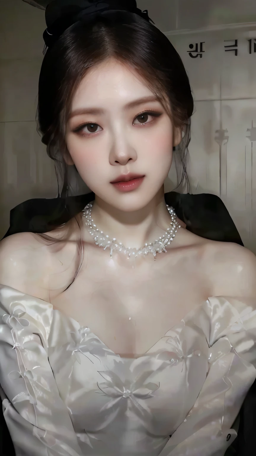 a close up of a woman with a white dress and a necklace, sexy face with full makeup, cruel korean goth girl, thick fancy makeup, pale porcelain white skin, heavy makeup, sexy look at the camera, belle delphine, gorgeous chinese model, pale goth beauty, pale milky white porcelain skin, popular south korean makeup, china doll face, wan adorable korean face