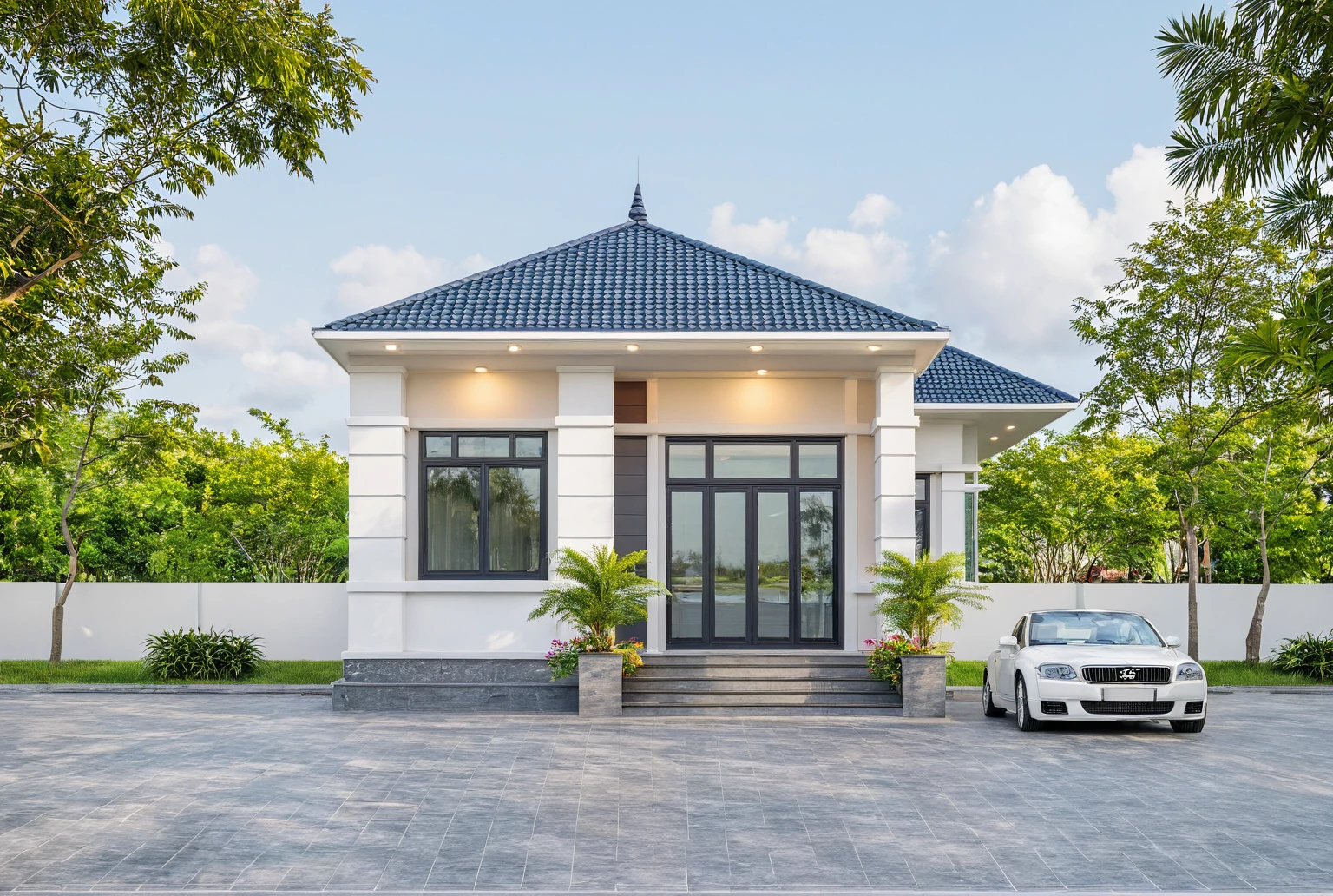 Raw photo,Masterpiece, high quality, best quality, authentic, super detail,
exterior, outdoors, house, Nhamainhat, aiaigroup on the tropical garden, minimalist line,onestoreyvilla, modern style, gray tile roof
brick yard,grass,tropical trees, sky, (day:1.1),Tropical garden background