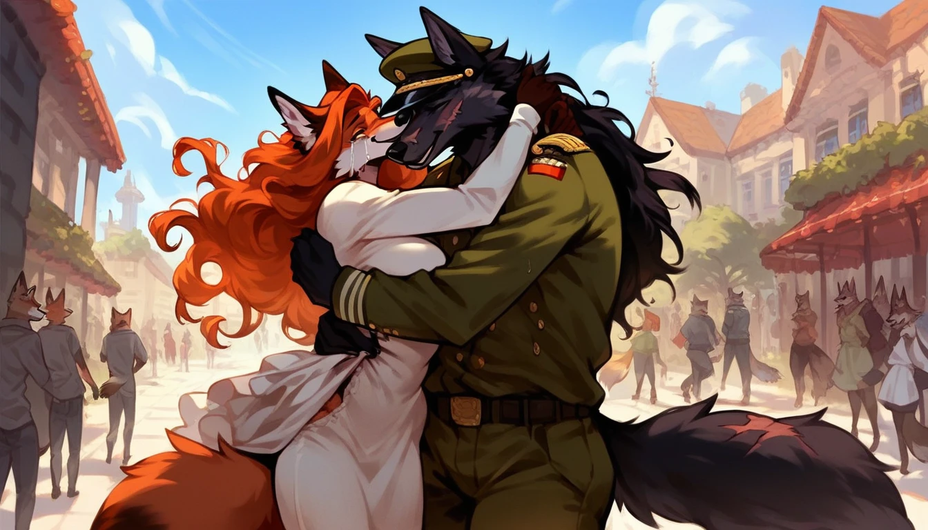 score_9, score_8_up, score_7_up, city, town park square, daytime, crowd on background, sunny, happy, joyful, love, reunion, face to face, (kissing:0.5)
((fox:1.2), anthro, female, dark brown fur, long flowing hair, beautiful, wearing a dress, crying tears of joy, hugging, being lifted)
((wolf:1.2), anthro, male, black fur, (scars, wounds), (wearing a military uniform, pants and hat), strong, lifting, loving expression)