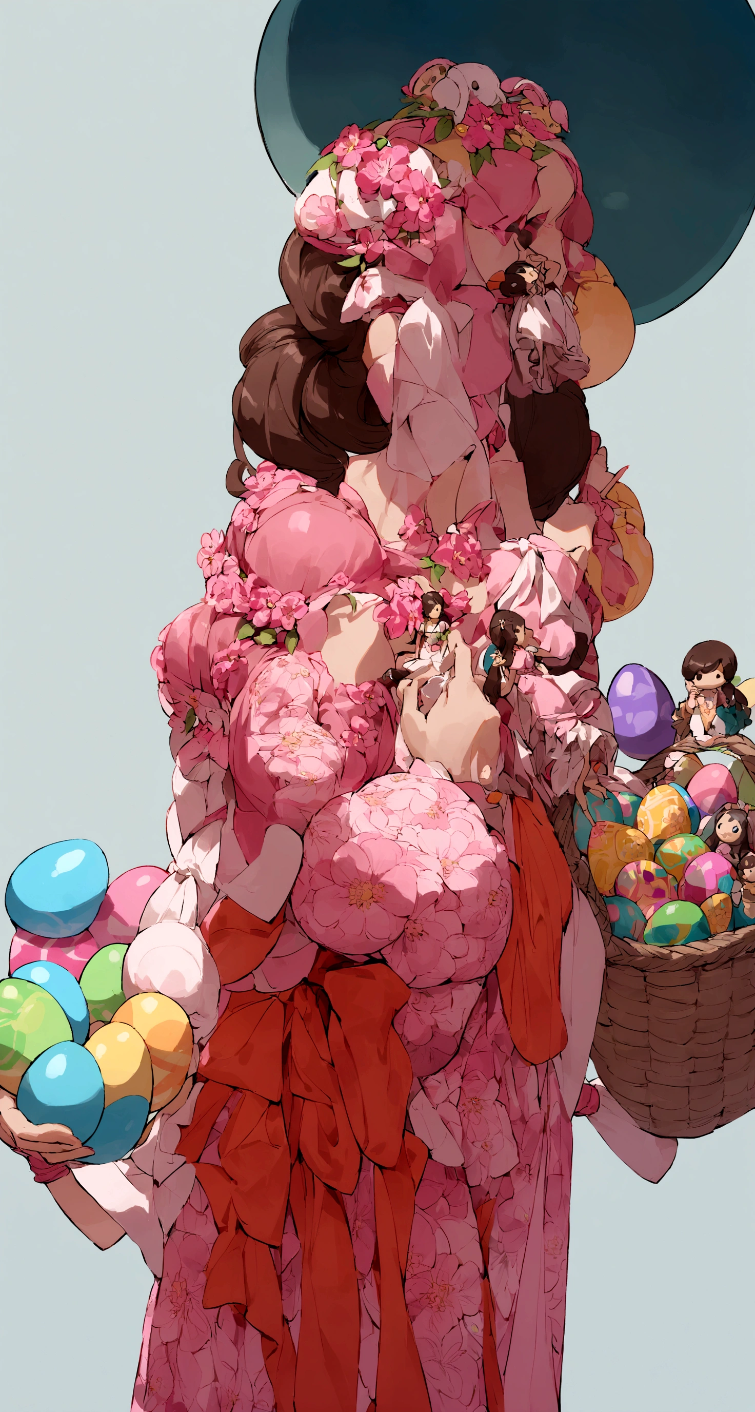 there is a ball of yarn and a toy holding, doll in hand, wearing dress laranja, inspired by Pacita Abad, wearing pink floral chiton, with an easter basket, Holding Easter eggs, the woman holds more toys, holding maracas, wearing a summer dress, wearing dress floral rosa, wearing dress