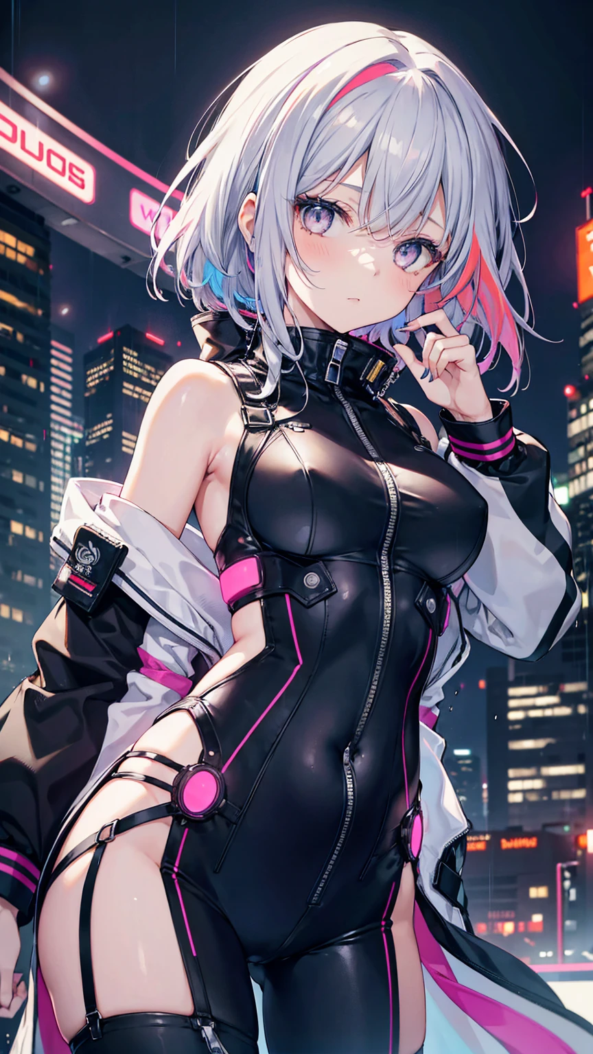 portrait, 1 girl, pretty face, asymmetrical hair, Multi-colored hair, sash, bodysuit, cover mouth, cover navel, Detached sleeves, Gray eyes, hip vents, slit jacket, Lovely, look at the audience, Night City, neon, rainy,