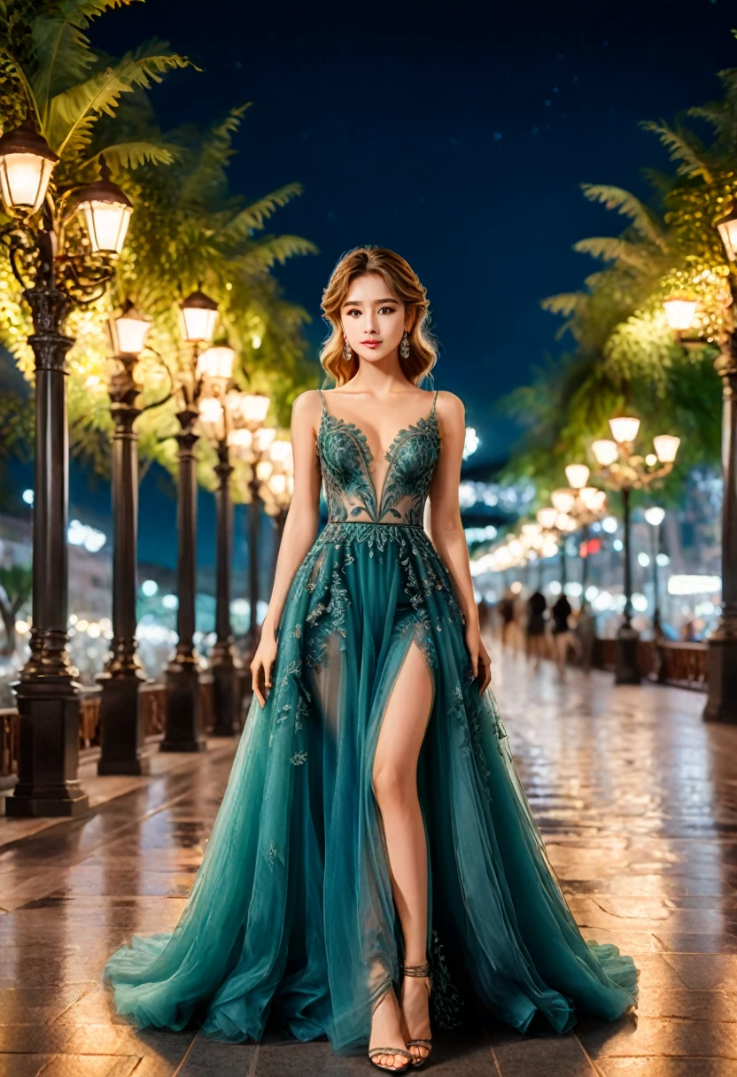 At the annual celebration of the company, the girl wore a fashionable and appropriate evening gown to celebrate the achievements of the past year with her colleagues and spend happy moments together. Full body, cinematic photo, 35mm photograph, film, bokeh, (masterpiece, best quality, Professional, perfect composition, very aesthetic, absurdres, ultra-detailed, intricate details:1.3)