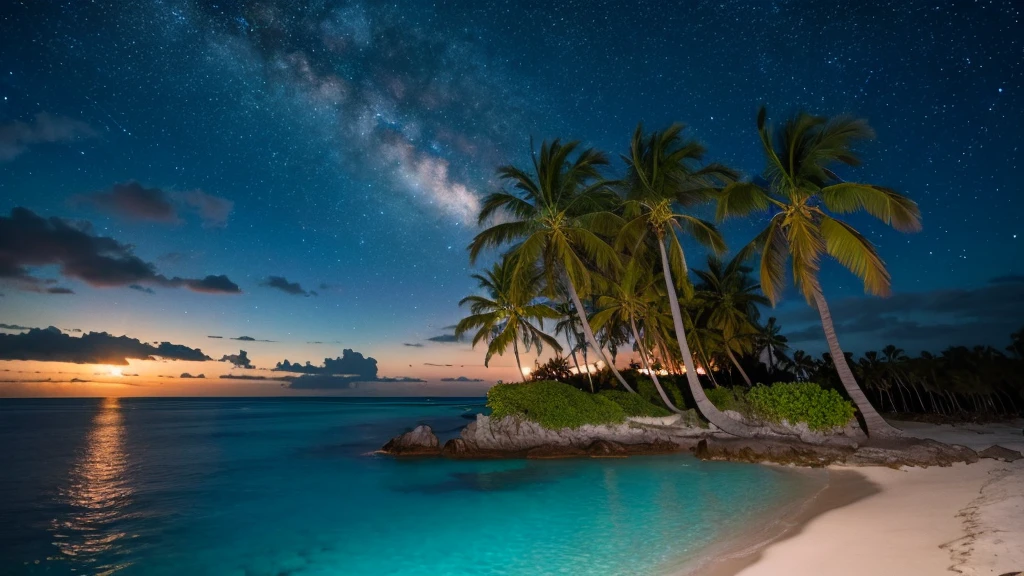 Island with palm trees , Night sky and stars、,Wide Lens View 4K