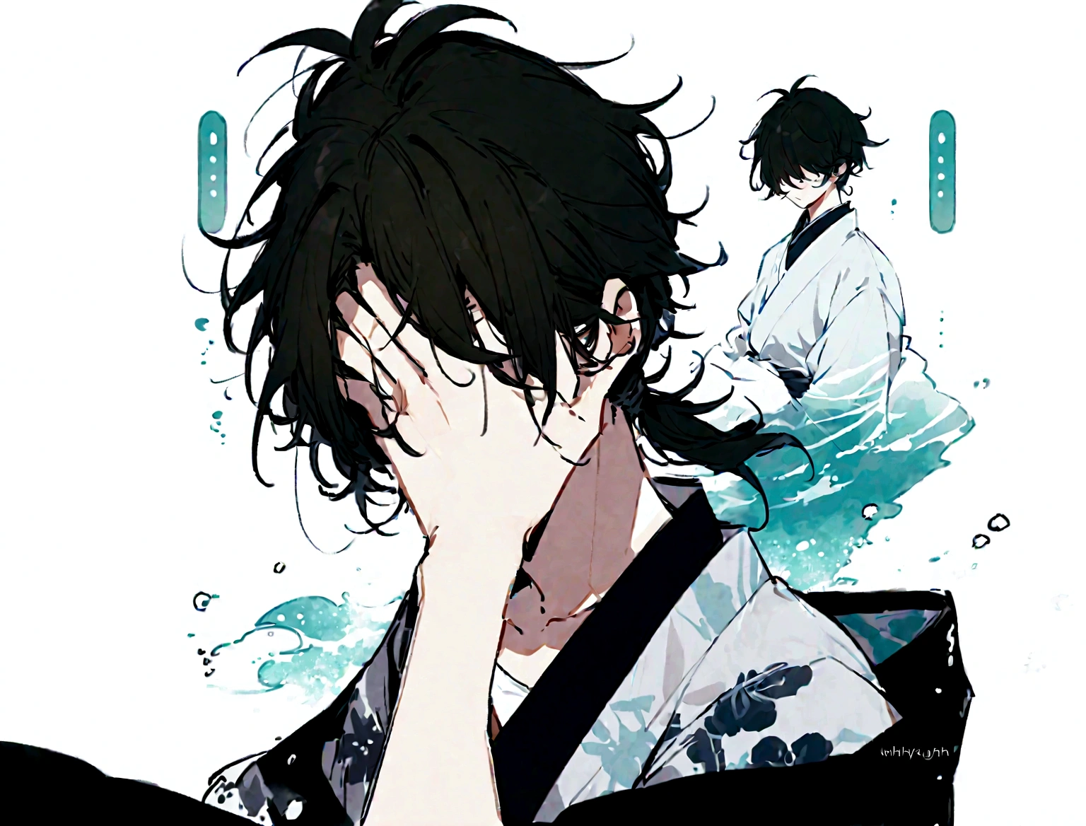 A handsome young man with long brown hair wearing an ancient Japanese robe with a unique design of waves of water and clouds with a slight modern touch,a katana hanging on his waist,the young man has long black hair covering his eyes,his messy hair tied in a ponytail He has a black panters ears and tail his face devoid of emotion