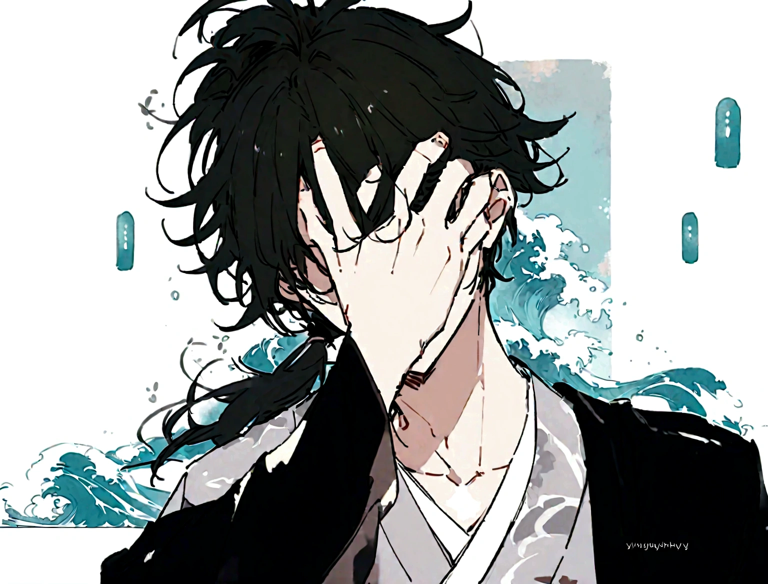 A handsome young man with long brown hair wearing an ancient Japanese robe with a unique design of waves of water and clouds with a slight modern touch,a katana hanging on his waist,the young man has long black hair covering his eyes,his messy hair tied in a ponytail He has a black panters ears and tail his face devoid of emotion