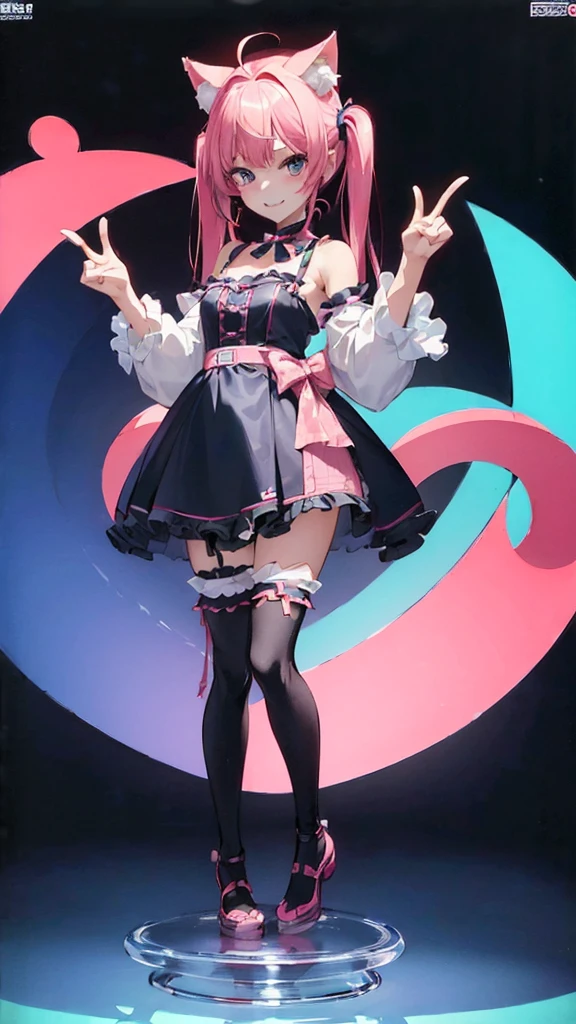 ((Full body shot: 1.5))、((1匹))、((リアルメス猫))、smile、kpop idol costumes、Cute chibi anime sitting on a plate, long pink hair with twin tails、I have cat ears、Wear a blue mini dress, Smiling, Logo is cheap、Iridescent colors、Heavily