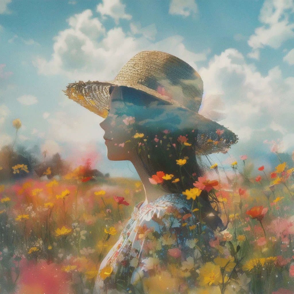 double exposure、there is a woman in a hat standing In the flower field, Straw hat beauty、Girl in the flower garden, woman in flowers, In the flower field, a girl floating in a flower field, Girl in Flowers, Portrait of Karan, Girl standing in a flower field,