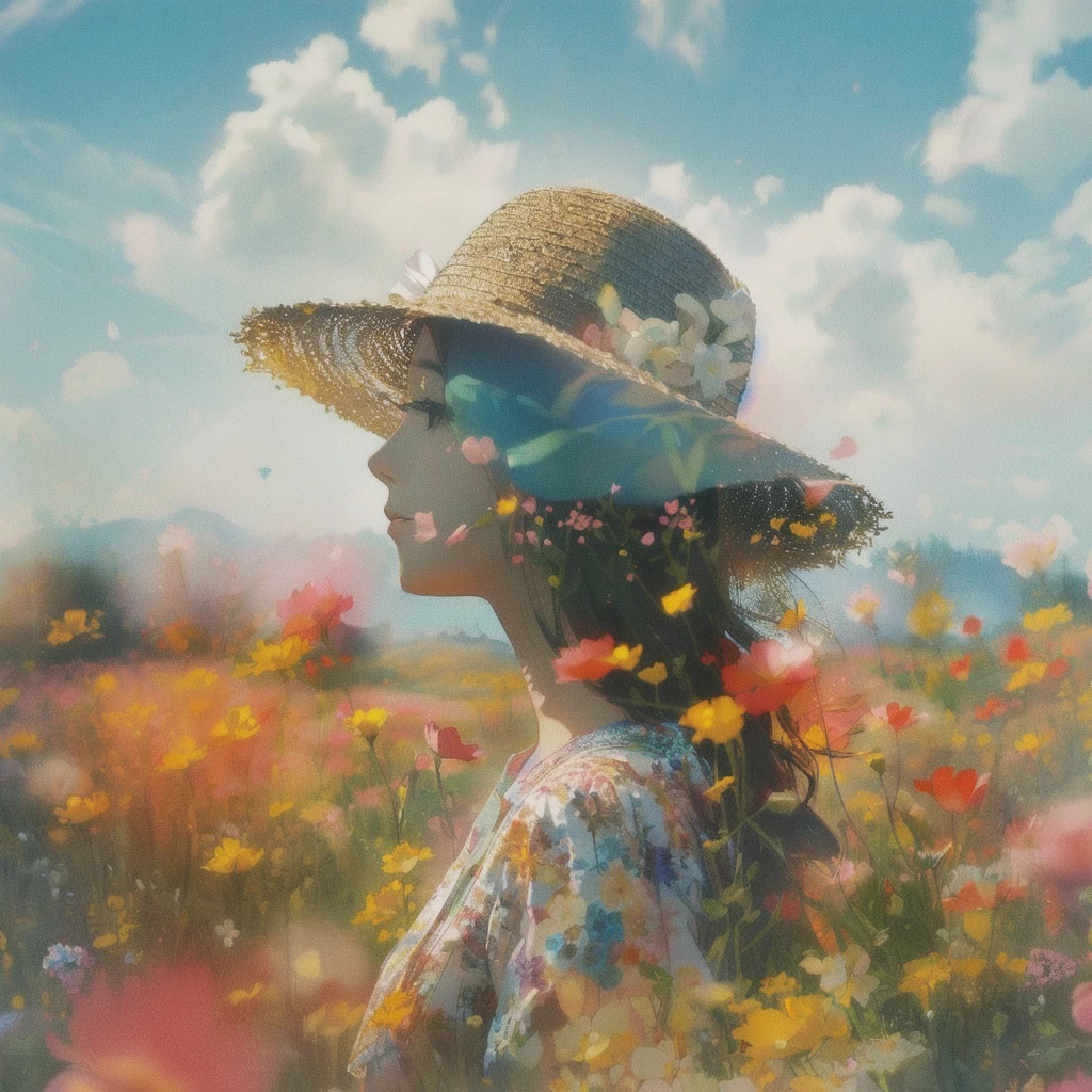 double exposure、there is a woman in a hat standing In the flower field, Straw hat beauty、Girl in the flower garden, woman in flowers, In the flower field, a girl floating in a flower field, Girl in Flowers, Portrait of Karan, Girl standing in a flower field,