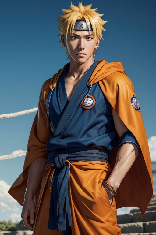 Best quality, masterpiece, super high resolution, (realism: 1.4), realistic photo, boy, Naruto Uzumaki is one of the protagonists in Naruto, he has bright blue eyes and blonde hair. He wears an orange robe with blue decorative bands on the hem and cuffs, a string tied around his waist, and a large light blue backpack tied behind his back.