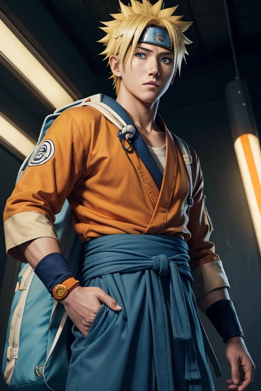 Best quality, masterpiece, super high resolution, (realism: 1.4), realistic photo, boy, Naruto Uzumaki is one of the protagonists in Naruto, he has bright blue eyes and blonde hair. He wears an orange robe with blue decorative bands on the hem and cuffs, a string tied around his waist, and a large light blue backpack tied behind his back.