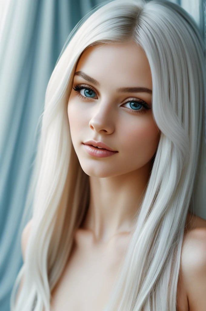 Create a full-frontal portrait of a whimsical, colorful woman reminiscent of the Moon Goddess. skin fair, young and delicate features, eyes wide open and with a very refined nose. long hair, Glossy, gravity-defying white in shades of light gray, white and azure. Hair turns into small shards of ice, creating a glacial illusion.