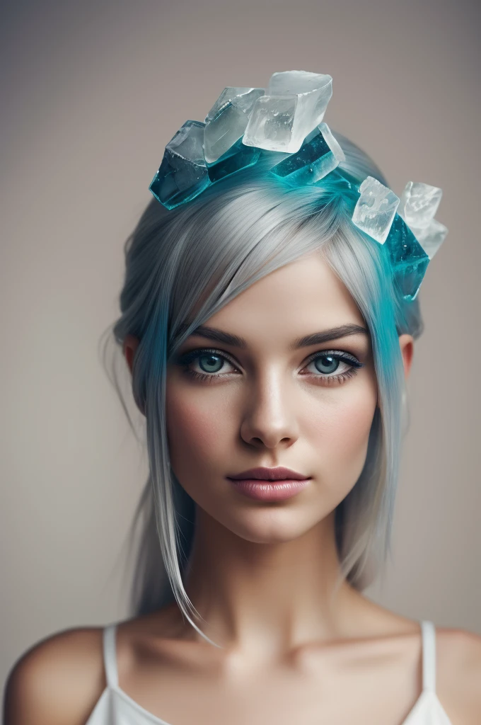 Create a full-frontal portrait of a whimsical, colorful woman reminiscent of the Moon Goddess. skin fair, young and delicate features, eyes wide open and with a very refined nose. long hair, Glossy, gravity-defying white in shades of light gray, white and azure. Hair turns into small shards of ice, creating a glacial illusion.