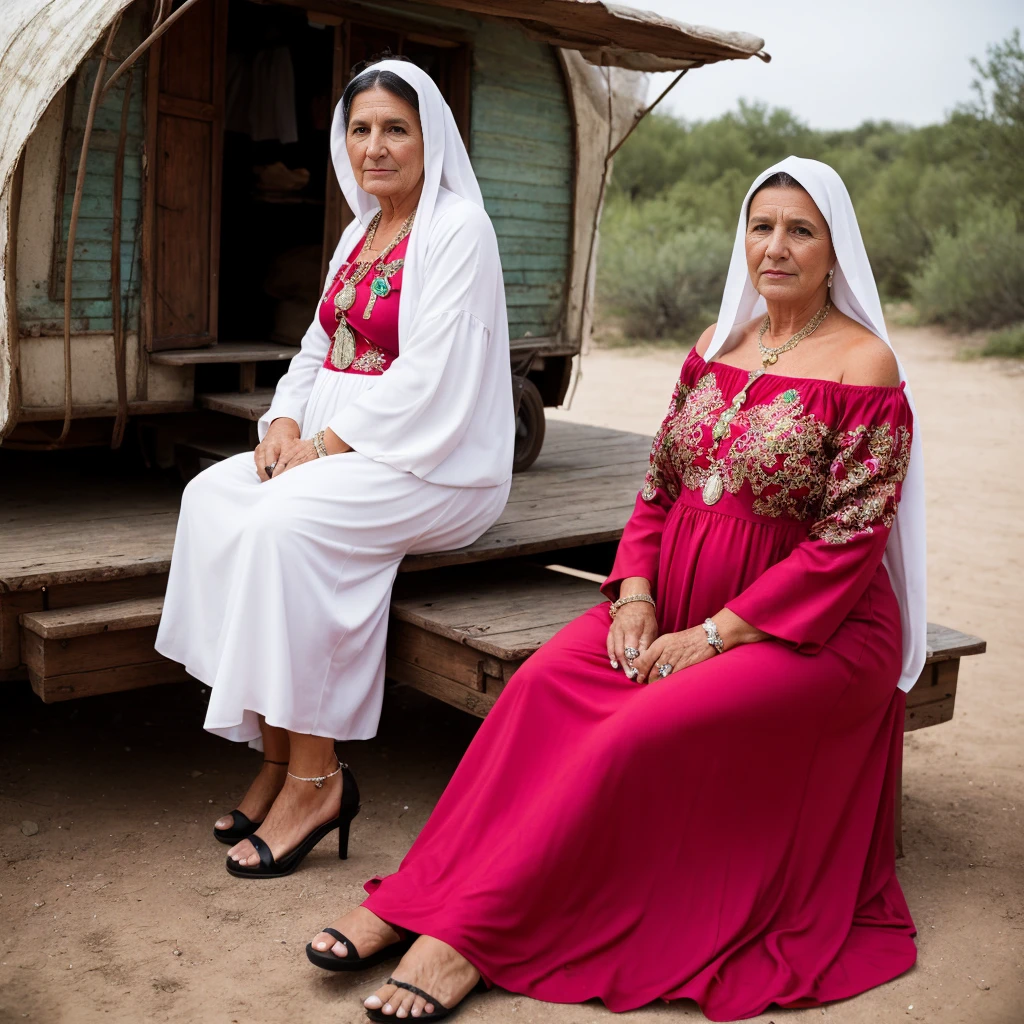 50-year-old woman sitting in a gypsy dress mixed with the Virgin Mary