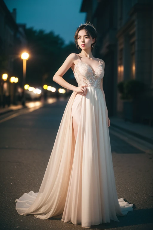 a girl wear elegant evening gown, dreamy night. Full body, cinematic photo, 35mm photograph, film, bokeh, (masterpiece, best quality, Professional, perfect composition, very aesthetic, absurdres, ultra-detailed, intricate details:1.3)