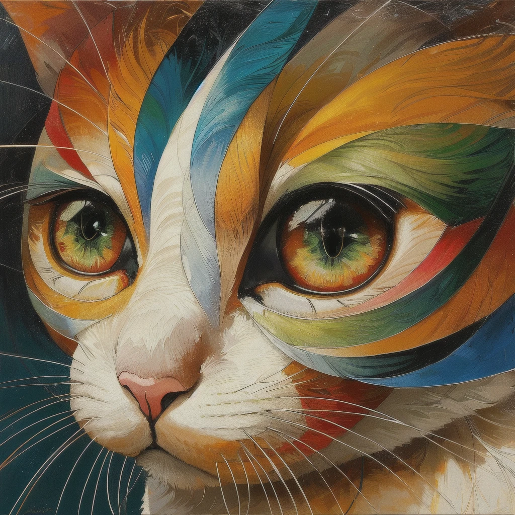 Trick Art、brightly colored Cat with green eyes and yellow eyes, highly detailed Digital Painting, Cat. Digital Painting, Beautiful digital art,Trick Art、 Beautiful digital artwork, Amazing digital art, Digital Painting highly detailed, Amazing digital art, Colourful and detailed, Beautiful Art UHD 4K, Amazing digital art, Digital Painting masterpiece, Detailed painting 4k, very Beautiful digital art
