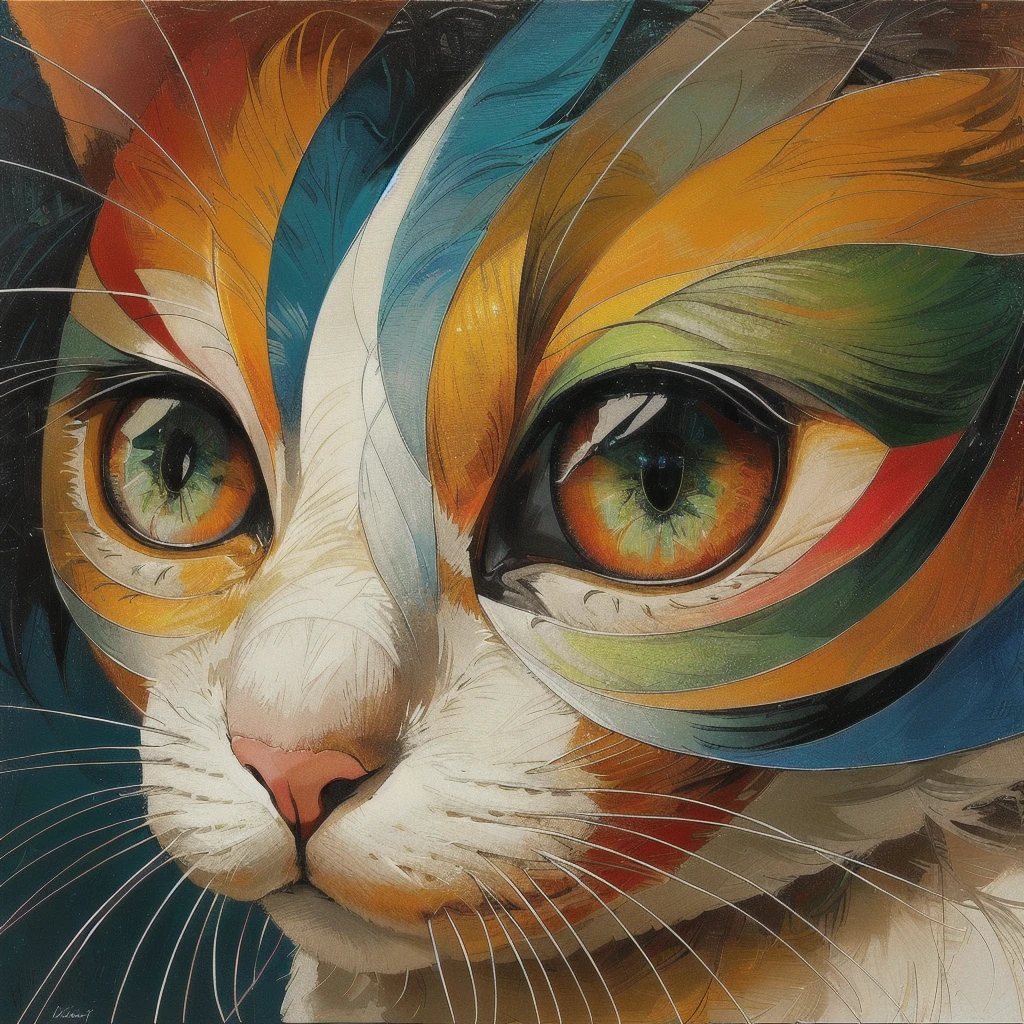 Trick Art、brightly colored Cat with green eyes and yellow eyes, highly detailed Digital Painting, Cat. Digital Painting, Beautiful digital art,Trick Art、 Beautiful digital artwork, Amazing digital art, Digital Painting highly detailed, Amazing digital art, Colourful and detailed, Beautiful Art UHD 4K, Amazing digital art, Digital Painting masterpiece, Detailed painting 4k, very Beautiful digital art