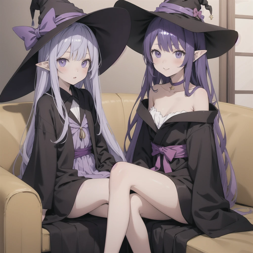anime girl long purple hair wearing a black Robe. she has pointy ears. Witch Hat. Manga kawaii. iridescent ,An illustration, Sit on the sofa, (no background)