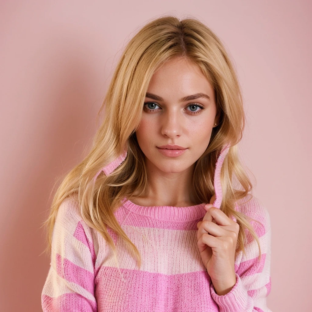 Create me a blonde French woman dressed in a pink sweater