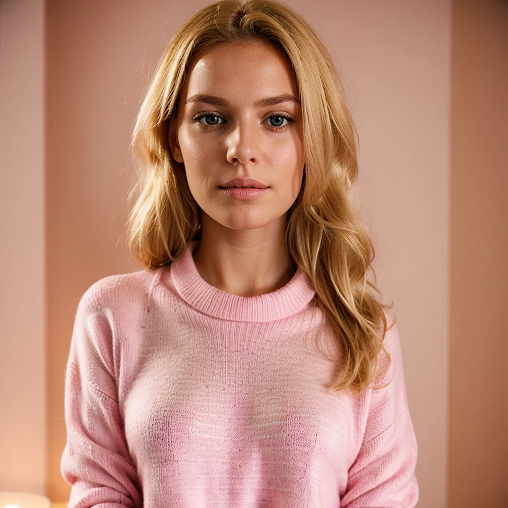 Create me a blonde French woman dressed in a pink sweater 