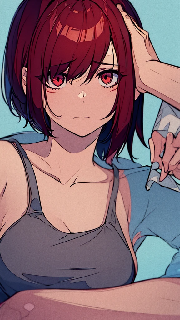 Sad girl with short red hair, full of bruises and bandages