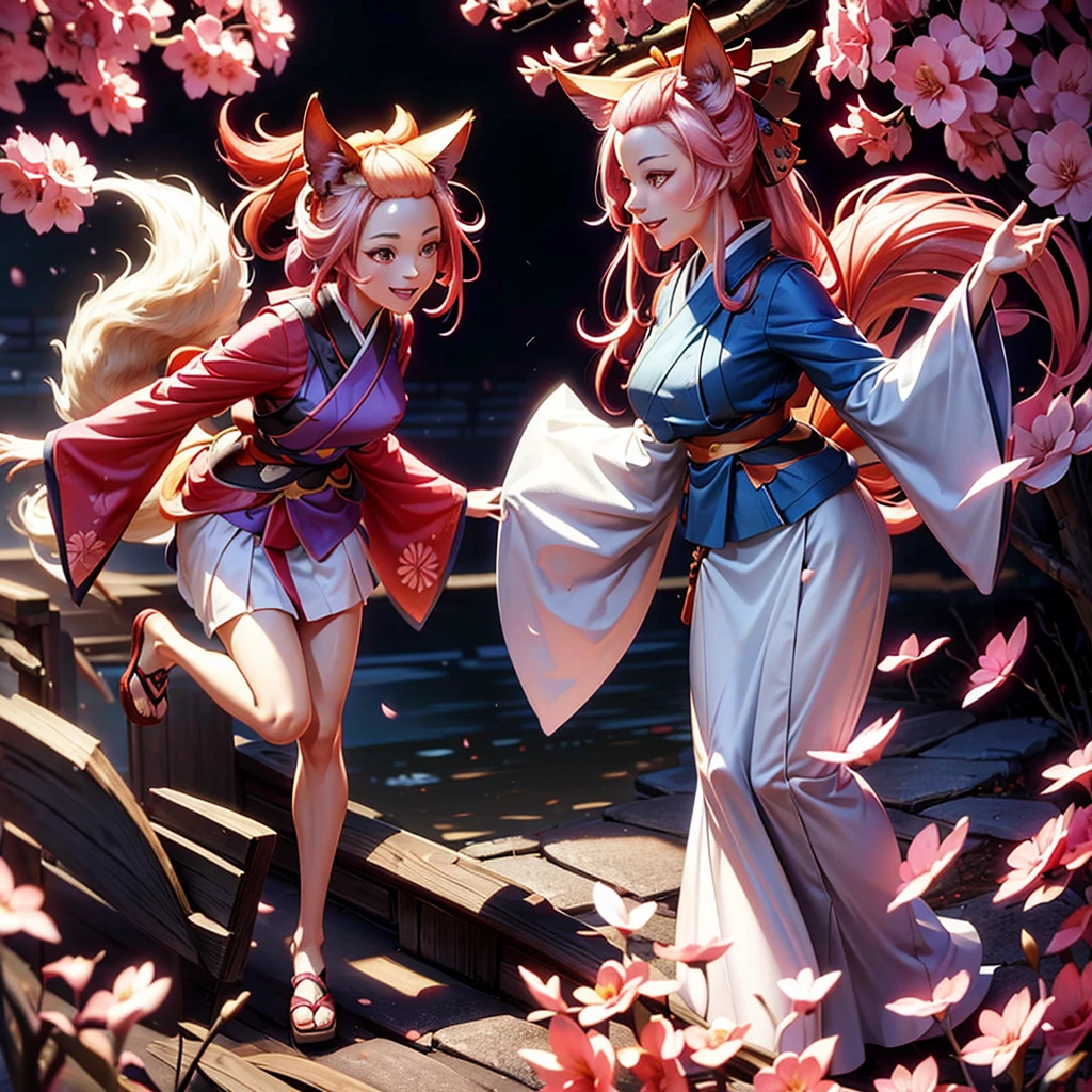 1 29 years old beautiful european woman with red kimono,pink hairs,9 tails kitsune,ash blossom,smiling,long flowing hair,detailed facial features,intricate kimono,lush nature background,glowing ethereal aura,vibrant colors,cinematic lighting,award winning digital art,concept art,highly detailed,photorealistic,8k,masterpiece