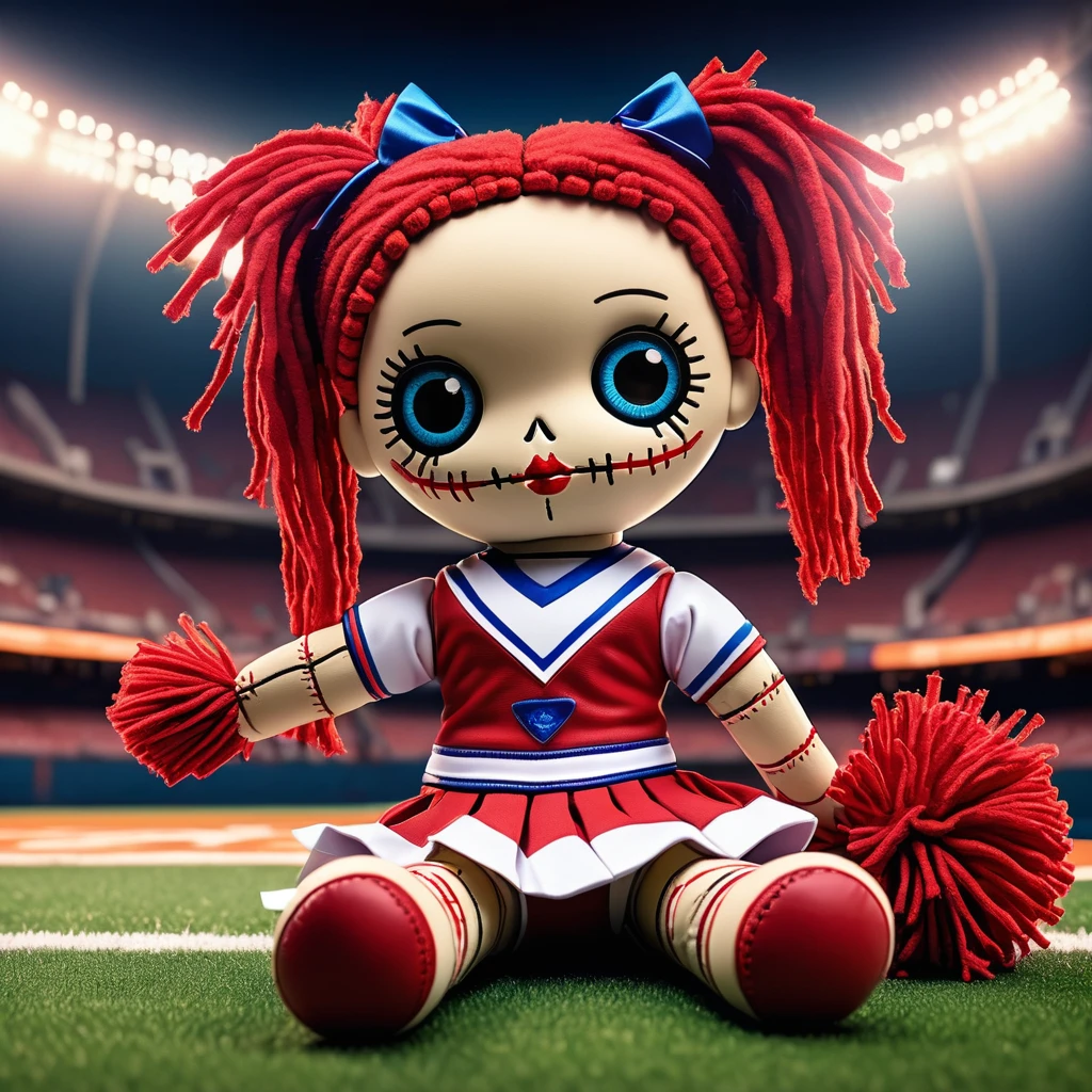 (knitted toy voodoo doll:1.9), (Voodoo Cheerleader:1.3), (Clothing Bright sports uniform, pompoms:1.0), (in the background Sports stadium, team in the background, fans:1.2), best quality, masterpiece, detailed soft oil painting, detailed background, dramatic cinematic lighting, soft edge lighting, professional, dramatic lighting, hard edge lighting, ultra quality, 4k, masterpiece, best quality, 8k, ultra high definition, high resolution, extremely detailed