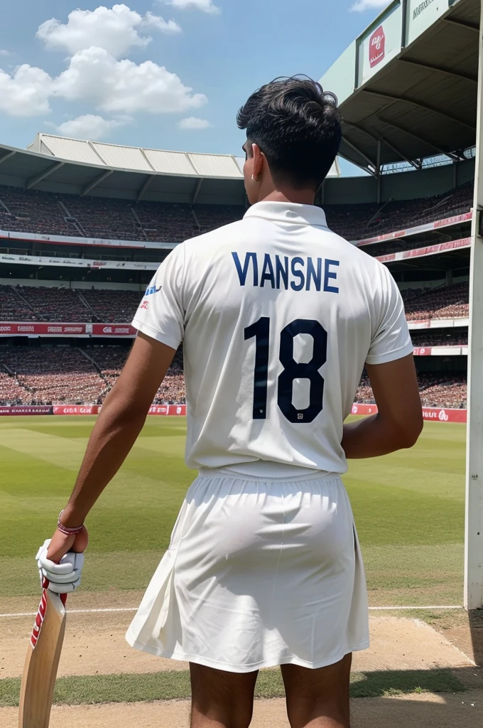 A 16 year old boy is watching a cricket match in the cricket ground or he is wearing a white dress or he has a bat in his hand or we are watching him from behind. The name Vansh is written on the back of his white dress or the number 16 is written.