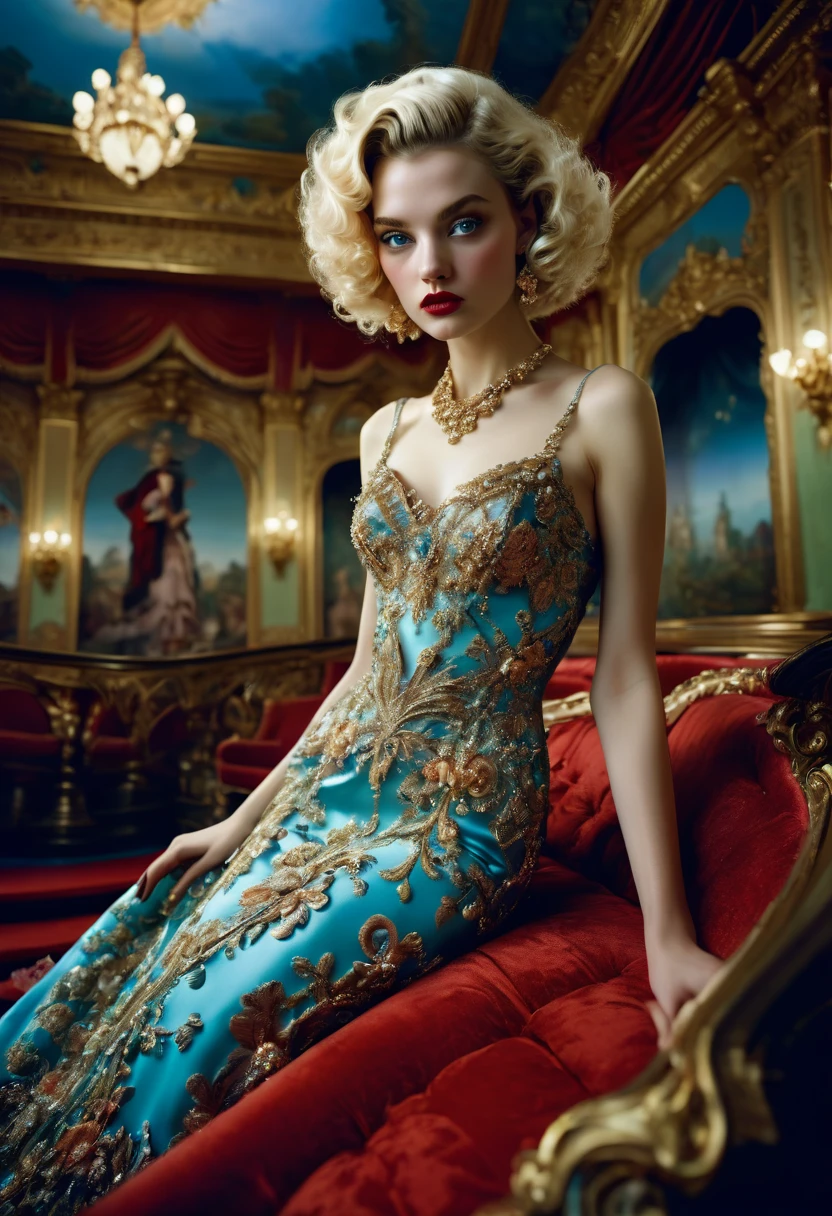 Evening Dress, theater, by Miles Aldridge, 35mm photograph, bokeh, best quality, masterpiece, very aesthetic, perfect composition, intricate details, ultra-detailed