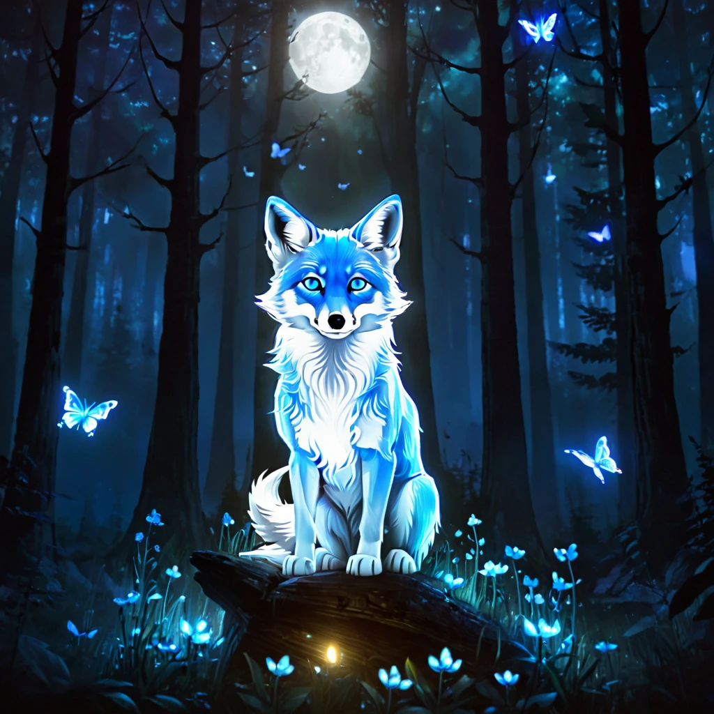 spirit animal, score_9, score_8_consolation, score_7_consolation, score_6_consolation, score_5_consolation, score_4_consolation, ethereal ghost baby fox, Beloved, cartoon character, glowing blue eyes, glowing butterflies, fantasy forest at night time, realistic, very detailed, There are no humans