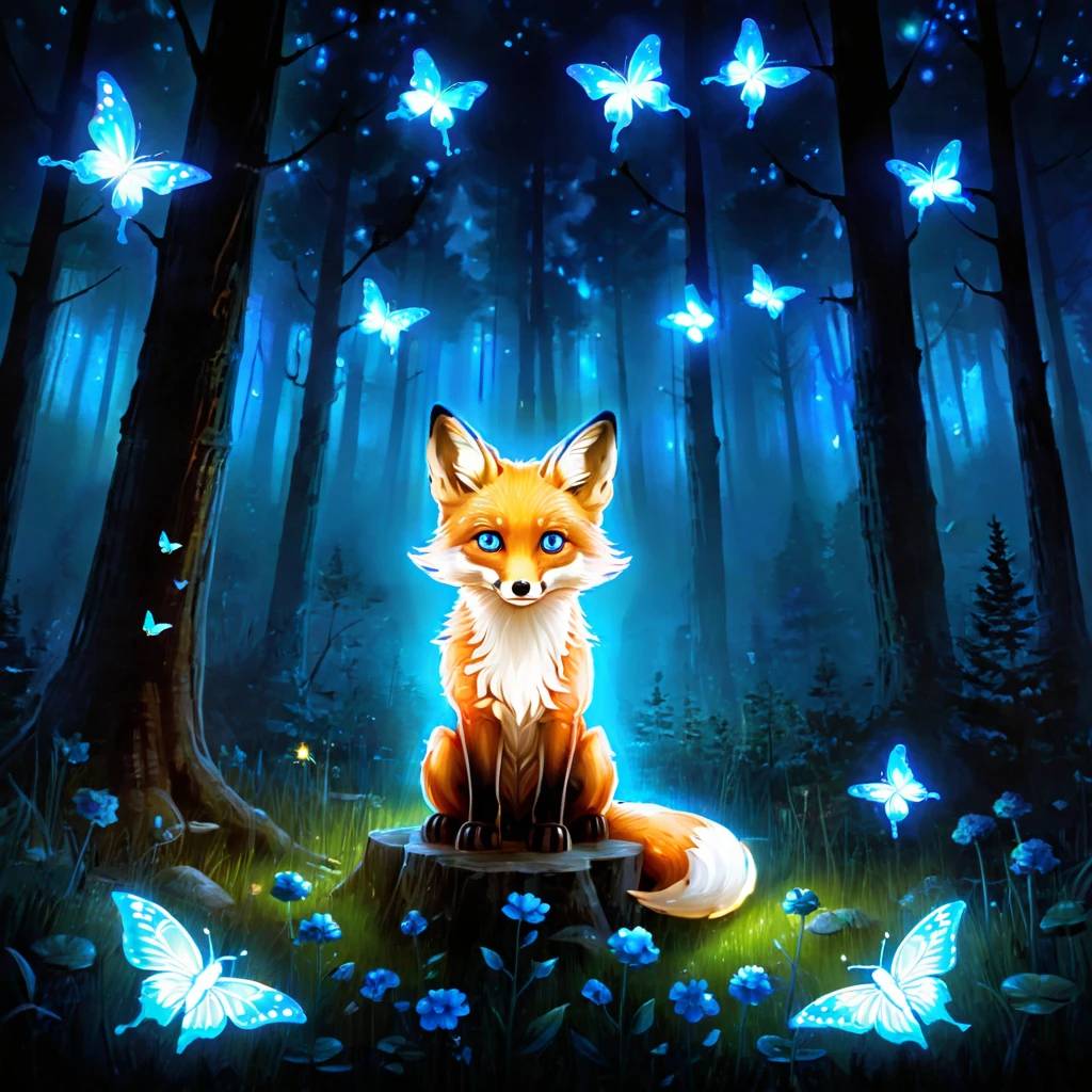 spirit animal, score_9, score_8_consolation, score_7_consolation, score_6_consolation, score_5_consolation, score_4_consolation, ethereal ghost baby fox, Beloved, cartoon character, glowing blue eyes, glowing butterflies, fantasy forest at night time, realistic, very detailed, There are no humans