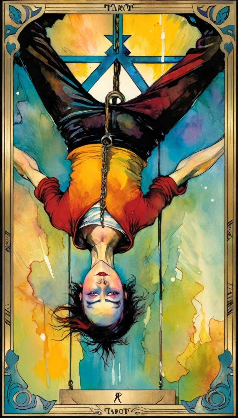 ((tarot card)) THE HANGED MAN ((card frame)), (man hanging upside down ) work by Bill Sienkiewicz, vivid colors, intricate details, oil.
