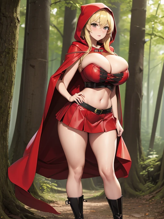 super high image, super detail, super high resolution, best quality, (full body image), ((anime)), (((masterpiece))), , (((single girl))), (16years old),(pretty face), (perfect body), (hourglass body shape), (high quality hands), ((blond hair)), (beautiful eyes), ((massive breasts:1.3)), (showing cleavage), (sexy), ((((red riding hood outfit)))), sexy expression, (((erotic pose))), (thin waist:1.0), (wide hips:1.2), (thick ass:1.0), ((in forest)), ((midriff)), ((mini skirt)), full body (NSFW breasts), hdri, extremely naked, nude, nua, pelada, nsfw, perfect proportions human body, gigantic breast 1.9