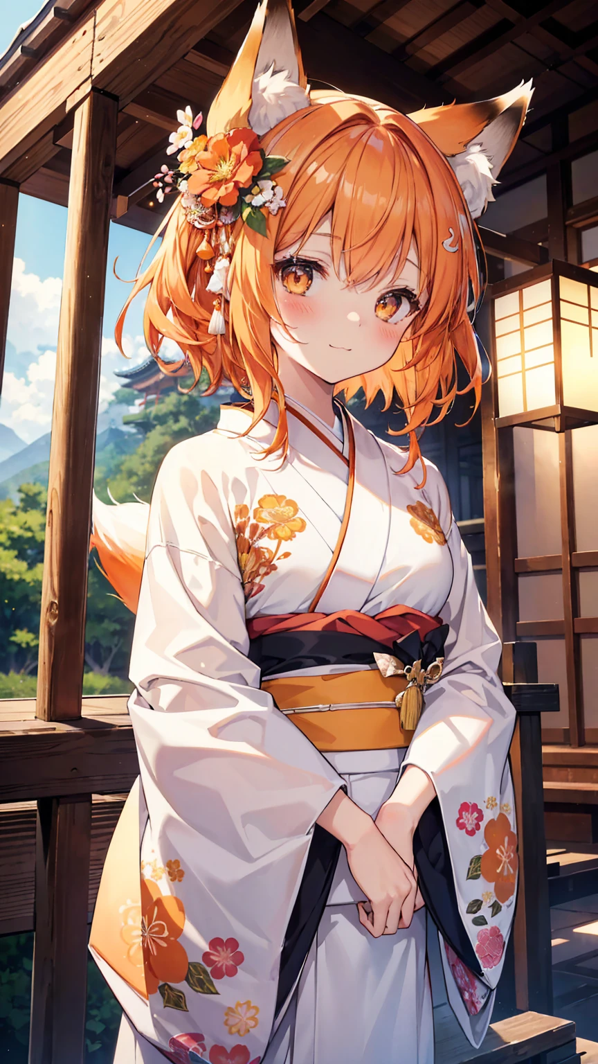 masterpiece, best quality, Very detailed, 1 girl, alone, (:3:0.9), Animal ear fluff, Animal ears, Orange hair, Fluffy hair, blush, Brown eyes, flower, Fox ears, Fox Girl, slope, slope background, hair flower, hair accessories, Japanese clothes, kimono, looking at the audience, Shrine maiden, Smile, alone, white kimono, beautiful lights