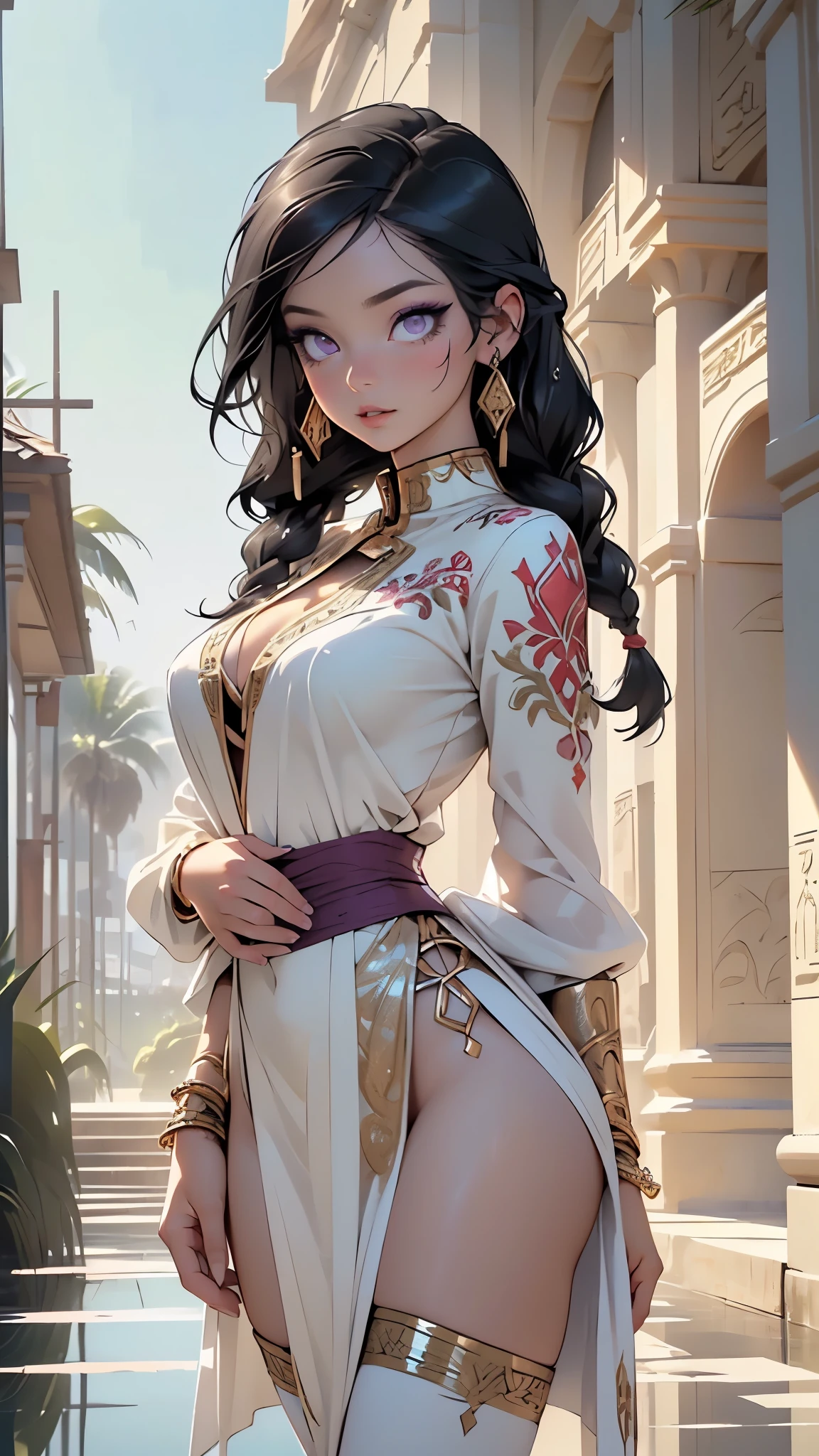 girl from ancient Egypt,1girl,
(large breasts:1.4),((((long twin braids,tight braids,long braid,braided hair,long hime cut,dark hair,black hair,colored inner hair)))),(((purple_eyes:1.3))),intricate eyes,beautiful detailed eyes,symmetrical eyes,((((lustrous skin:1.5,tanned skin,bright skin: 1.5,skin tanned,shiny skin,very shiny skin,shiny body,Reflective skin)))),(spider lower abdomen,narrow waist,wide hip,athletic body,inflated legs,thick thighs,(detailed face)),beautiful detailed lips,
cute,slutty,sensual,seductive look,seductive,((erotic)),opulent,sumptuous,((nsfw)),
zettai ryouiki,revealing clothing,show skin,cleavage,((underboob)),(((barefoot))),((egyptian goddess costume)),((intricate egyptian goddess outfit)),egyptian accessories,(((egyptian jewelry in her arms))),usekh collar,earrings,(((hair tubes))),(((eyeshadow,egyptian makeup,eyelid makeup))),(((pelvis curtain))),(loincloth),(((Transparent cloth:1.1,wet clothes,intricate outfit,embroidered outfit,ornate outfit,intricate cloth,embroidered cloth,ornate cloth))),
(flirtatious pose:1.3), looking at viewer,embarrassed,centered,scale to fit dimensions,Rule of thirds,
outdoors,pillars,((pillars background,egyptian palace,egyptian palace background,pyramids in the background)),scenery,extremely scenery,(puddles everywhere,moss,moss on the background), Egypt style,Egypt castle,lily pads,palms,(sunset, golden hour),
(Glossy Egyptian ornaments),highres,sharp focus,(ultra detailed,extremely detailed),(photorealistic artwork:1.37),(extremely detailed CG unity 8k wallpaper),(((vibrant colors,vibrant theme))),(intricate),(masterpiece),(best quality),artistic photography,(photography taken by sldr),(intricate background),perfect rendered face,perfect face details,realistic face,photo realistic,((intricate detail)),(((realism))),