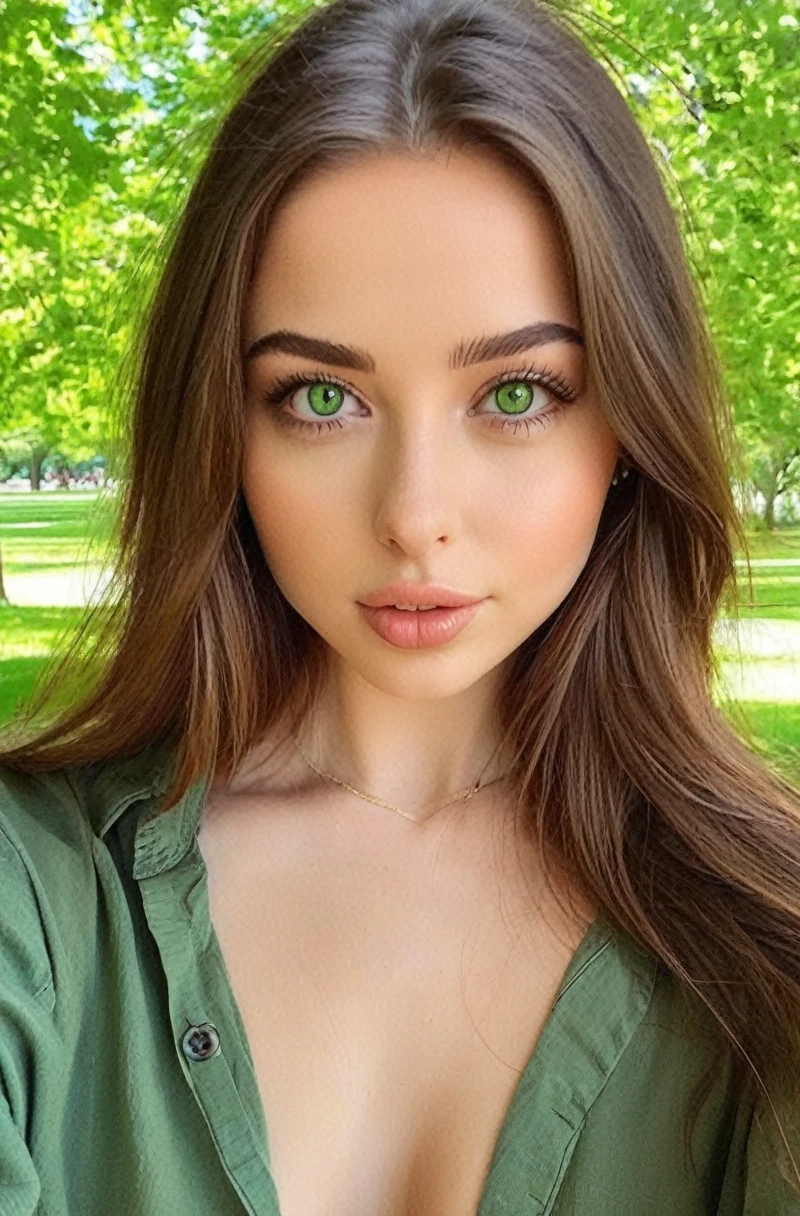 Afared Full Woman, with green eyes, Ultra realistic, Meticulously detailed, portrait of Sophie Mudd, Brunette hair and Big Eyes, Selfie of a young woman, Bedroom eyes, No Makeup, Natural Makeup, Looking directly at the camera, face artgram, subtle make-up, impressive photo of the whole body kneeling, Medium and large size chest, allowing the face to be seen clearly, portrait, full body, in a park