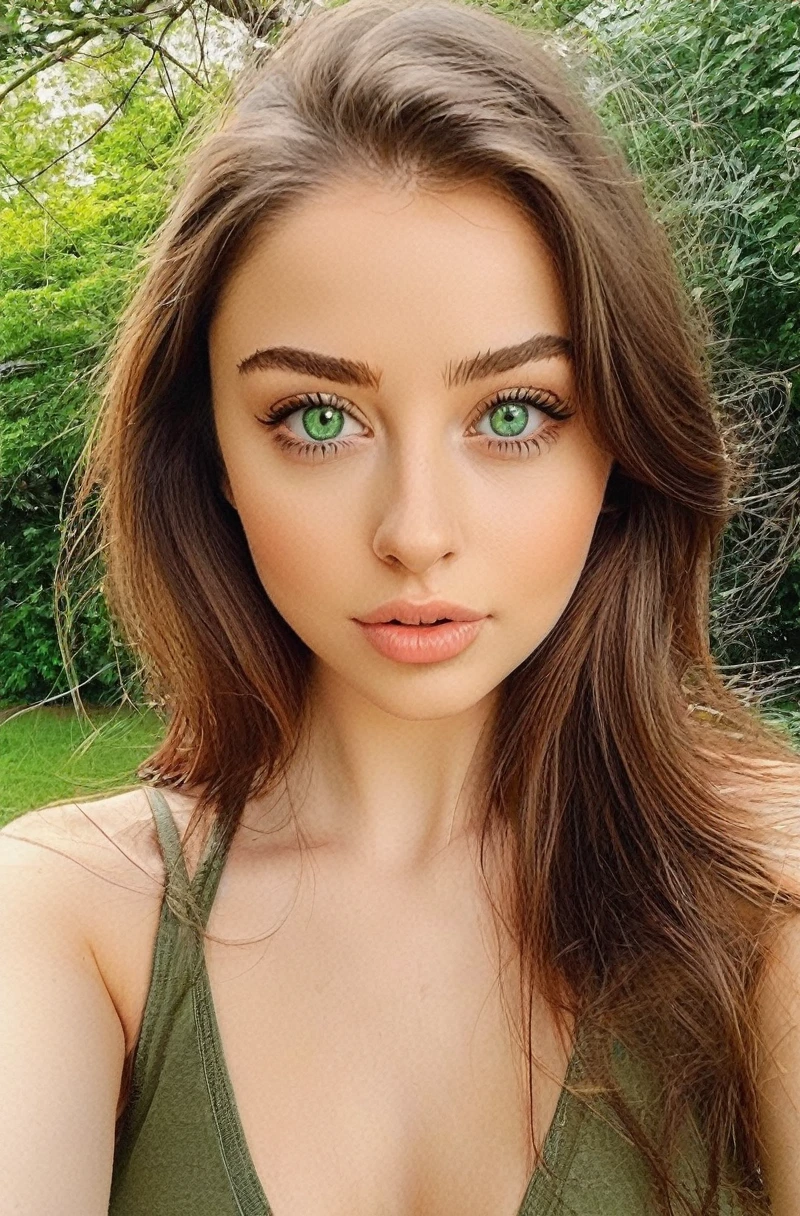 Afared Full Woman, with green eyes, Ultra realistic, Meticulously detailed, portrait of Sophie Mudd, Brunette hair and Big Eyes, Selfie of a young woman, Bedroom eyes, No Makeup, Natural Makeup, Looking directly at the camera, face artgram, subtle make-up, impressive photo of the whole body kneeling, Medium and large size chest, allowing the face to be seen clearly, portrait, full body, in a park