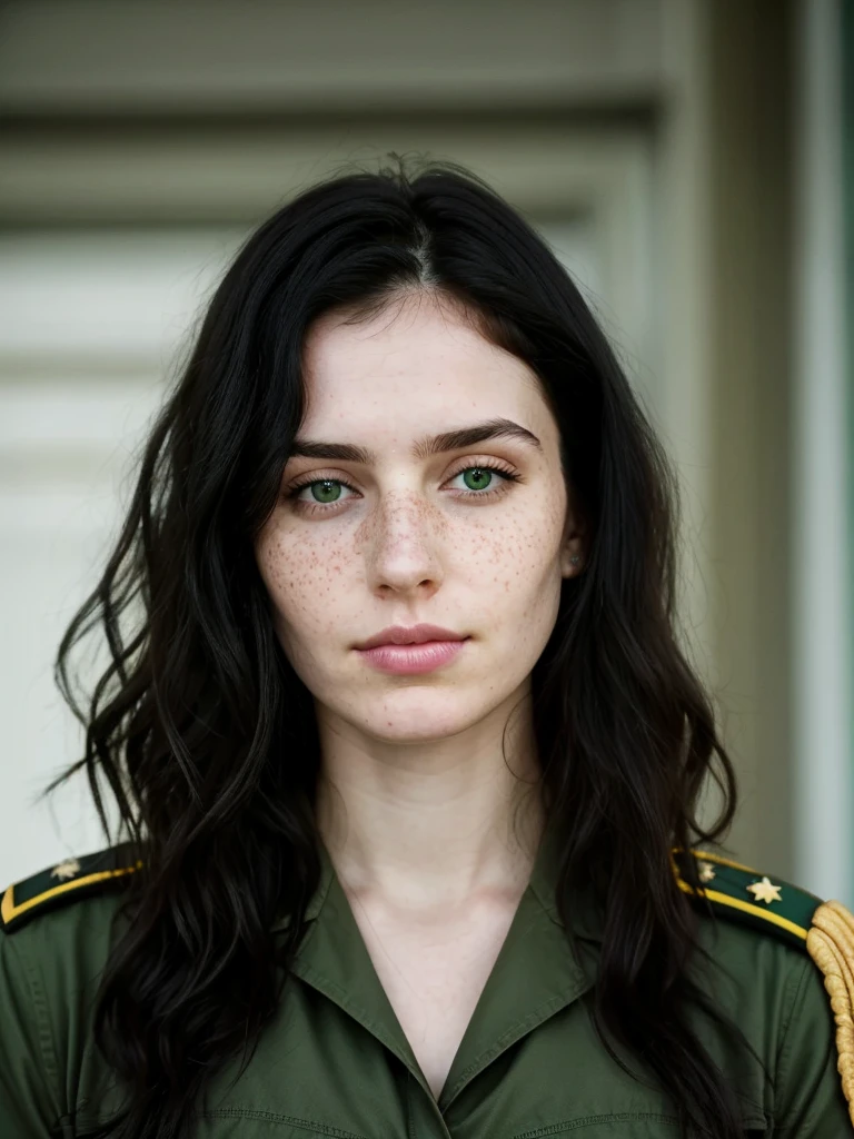 1womanl, long messy curly black hair, clear green eyes, freckles, pale skin, series, aparência madura e series, Russian, lieutenant, automatic, no smile, well-covered soldier&#39;s clothing