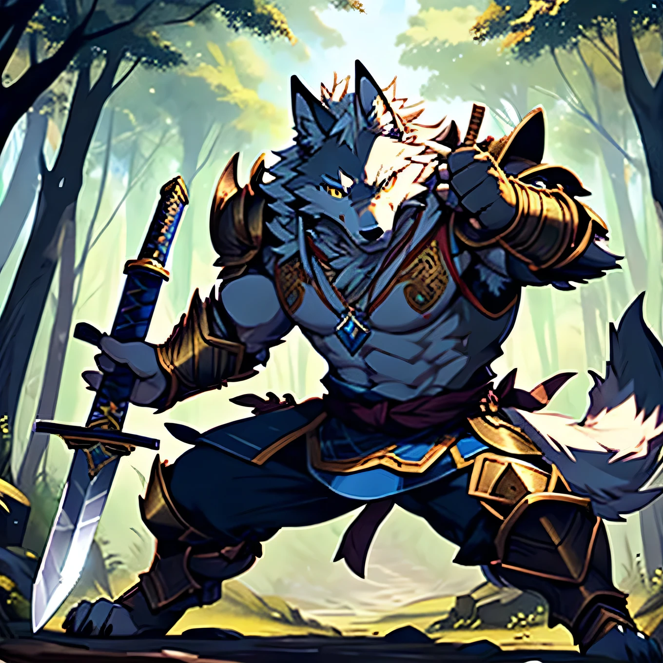 Injuried、、and、Sad eyes、Wound、armor、sword、hairy、masterpiece、Anthropomorphic white wolf，Dragon-like golden eyes，Pure white hair，Tail，Wolf head pendant，Fighting Stance，forest